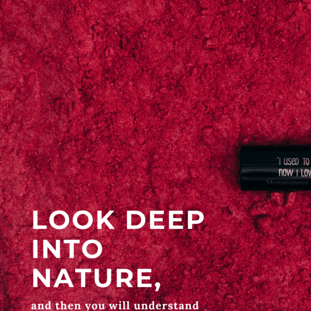 Affiche Weckerle Packaging avec citation Look deep into nature sur fond rouge texturé