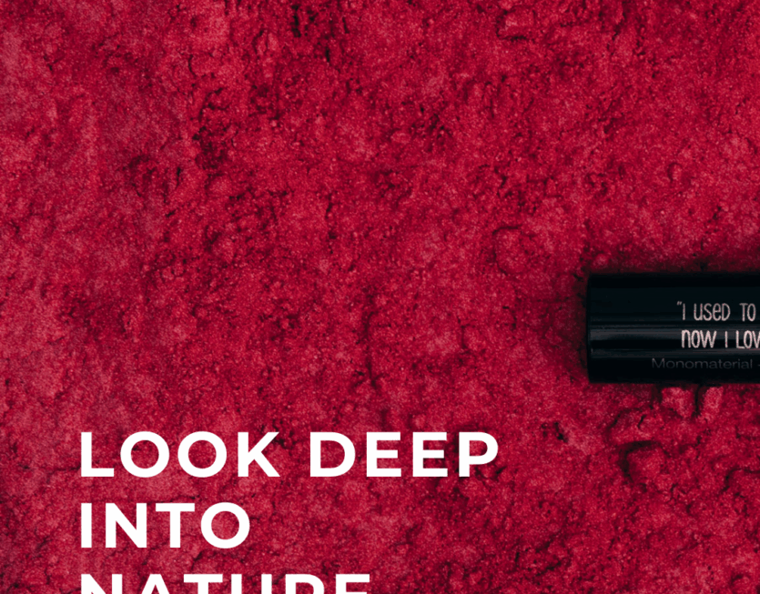 wECKERLE Affiche Weckerle Packaging avec citation Look deep into nature sur fond rouge texturé