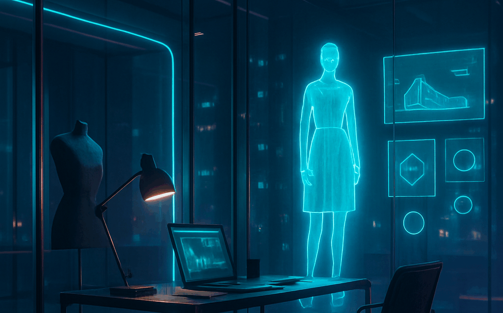 Scène futuriste en 2050 avec une architecture moderne en verre et métal, ambiance minimaliste et technologique, lumières cinématographiques et reflets néon, sans aucun texte visible