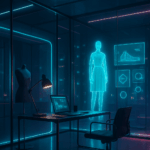 Scène futuriste en 2050 avec une architecture moderne en verre et métal, ambiance minimaliste et technologique, lumières cinématographiques et reflets néon, sans aucun texte visible