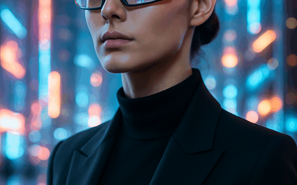 : Portrait hyperréaliste d’une femme élégante portant des lunettes futuristes tendance, avec en arrière-plan une ville moderne illuminée de néons et d’hologrammes.