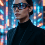 : Portrait hyperréaliste d’une femme élégante portant des lunettes futuristes tendance, avec en arrière-plan une ville moderne illuminée de néons et d’hologrammes.