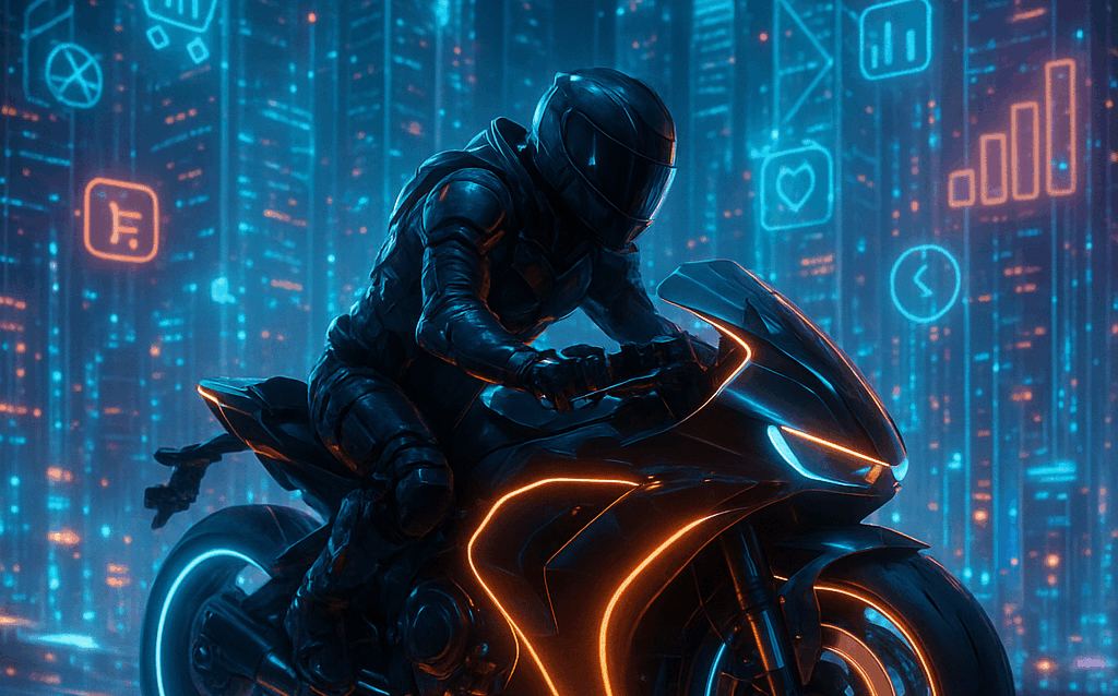 Motard futuriste en combinaison noire conduisant une moto néon orange dans une ville digitale remplie d’hologrammes et d’icônes technologiques flottants, symbolisant la puissance et l’innovation.