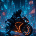 Motard futuriste en combinaison noire conduisant une moto néon orange dans une ville digitale remplie d’hologrammes et d’icônes technologiques flottants, symbolisant la puissance et l’innovation.