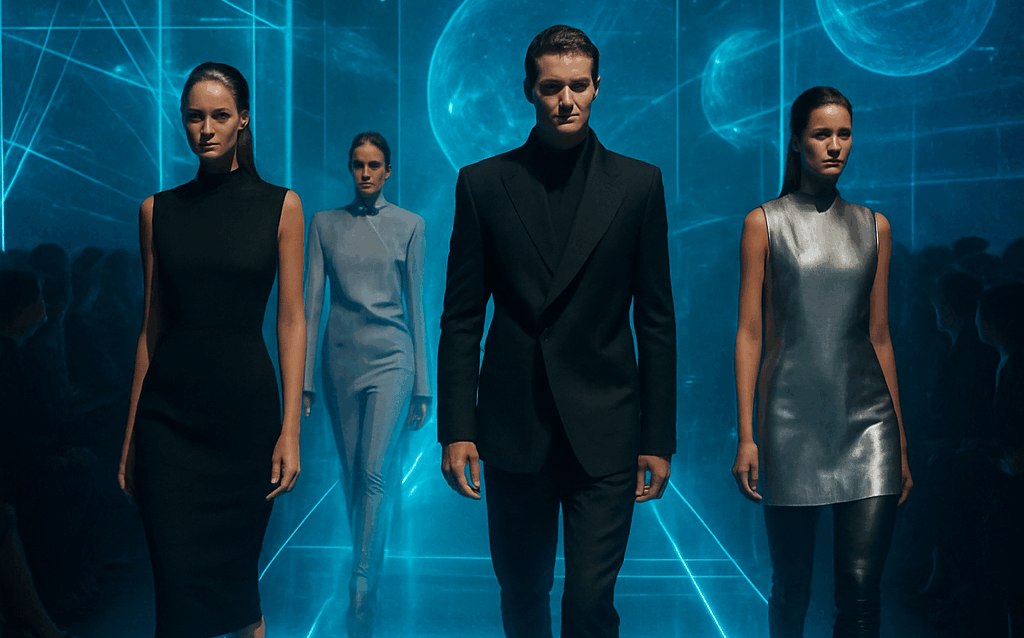 Défilé de mode futuriste avec des mannequins vêtus de tenues modernes et minimalistes, marchant sur un podium illuminé de projections holographiques bleues.