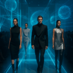 Défilé de mode futuriste avec des mannequins vêtus de tenues modernes et minimalistes, marchant sur un podium illuminé de projections holographiques bleues.