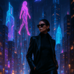Femme élégante en manteau noir et lunettes de soleil, posant dans une ville futuriste illuminée de néons et hologrammes, avec une silhouette géante rose projetée dans le ciel.