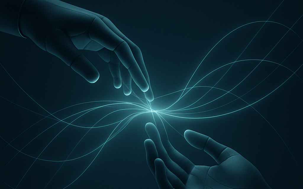 Deux mains futuristes s’approchant l’une de l’autre, reliées par des flux lumineux holographiques symbolisant la connexion, l’énergie et l’engagement digital.