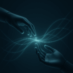 Deux mains futuristes s’approchant l’une de l’autre, reliées par des flux lumineux holographiques symbolisant la connexion, l’énergie et l’engagement digital.