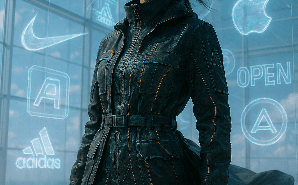Femme en tenue futuriste sombre portant des lunettes de réalité augmentée, debout devant un mur digital affichant les logos de grandes marques technologiques et sportives.