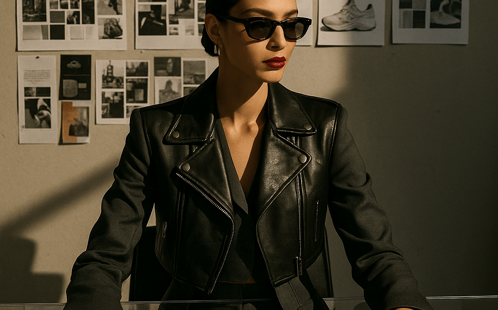 Femme en tailleur sombre et veste en cuir, assise à un bureau avec des planches de design et des photos de chaussures, devant un mur couvert de moodboards et de références visuelles.